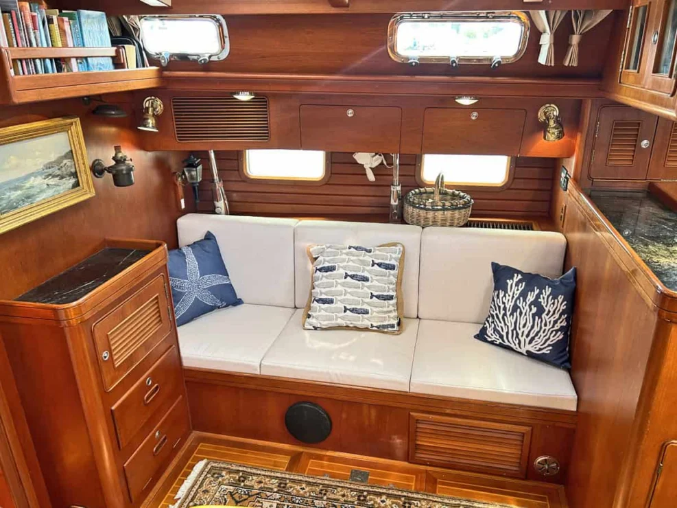 1994 Little Harbor 60 for sale - main salon to port with straight settee.
