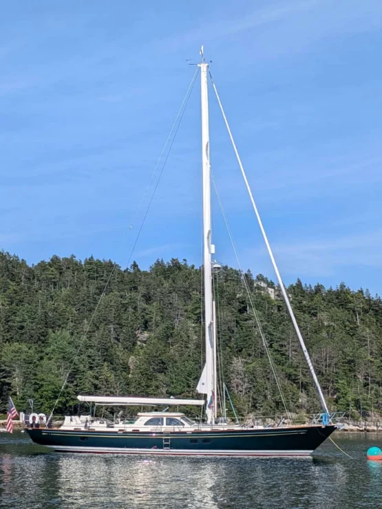 2001 Lyman Morse 63 for sale, at anchor.