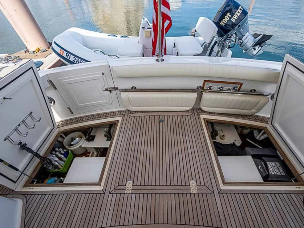 2001 Grand Banks Eastbay 46 Sweet storage compartments under aft cockpit.