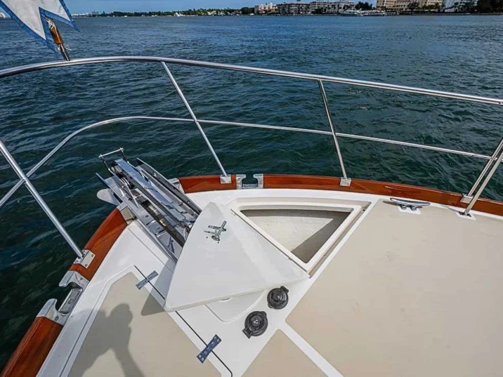 2001 Grand Banks Eastbay 46 Sweet anchor locker and chain storage compartment at bow.