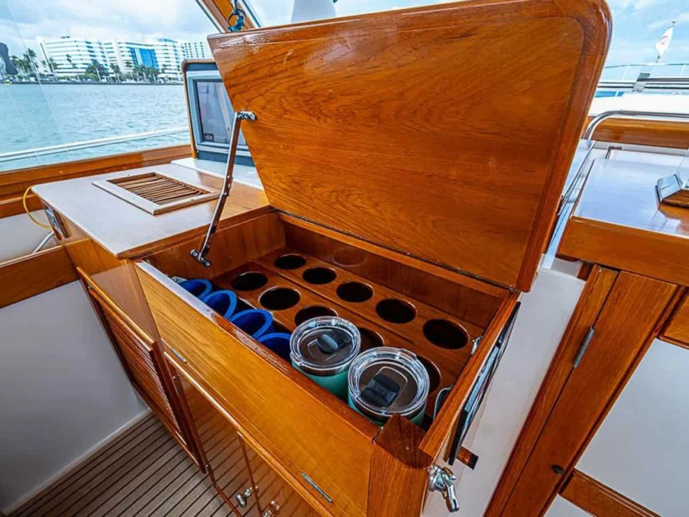 2001 Grand Banks Eastbay 46 Sweet large lift-top cabinet for cup and bottle storage.