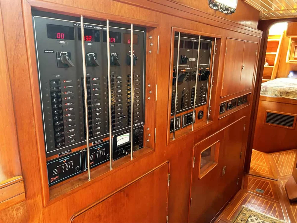 1994 Little Harbor 60 for sale - electrical panels in passageway leading aft.