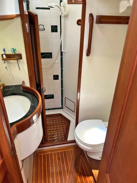 1994 Little Harbor 60 for sale - Owner's ensuite head, vanity and shower.