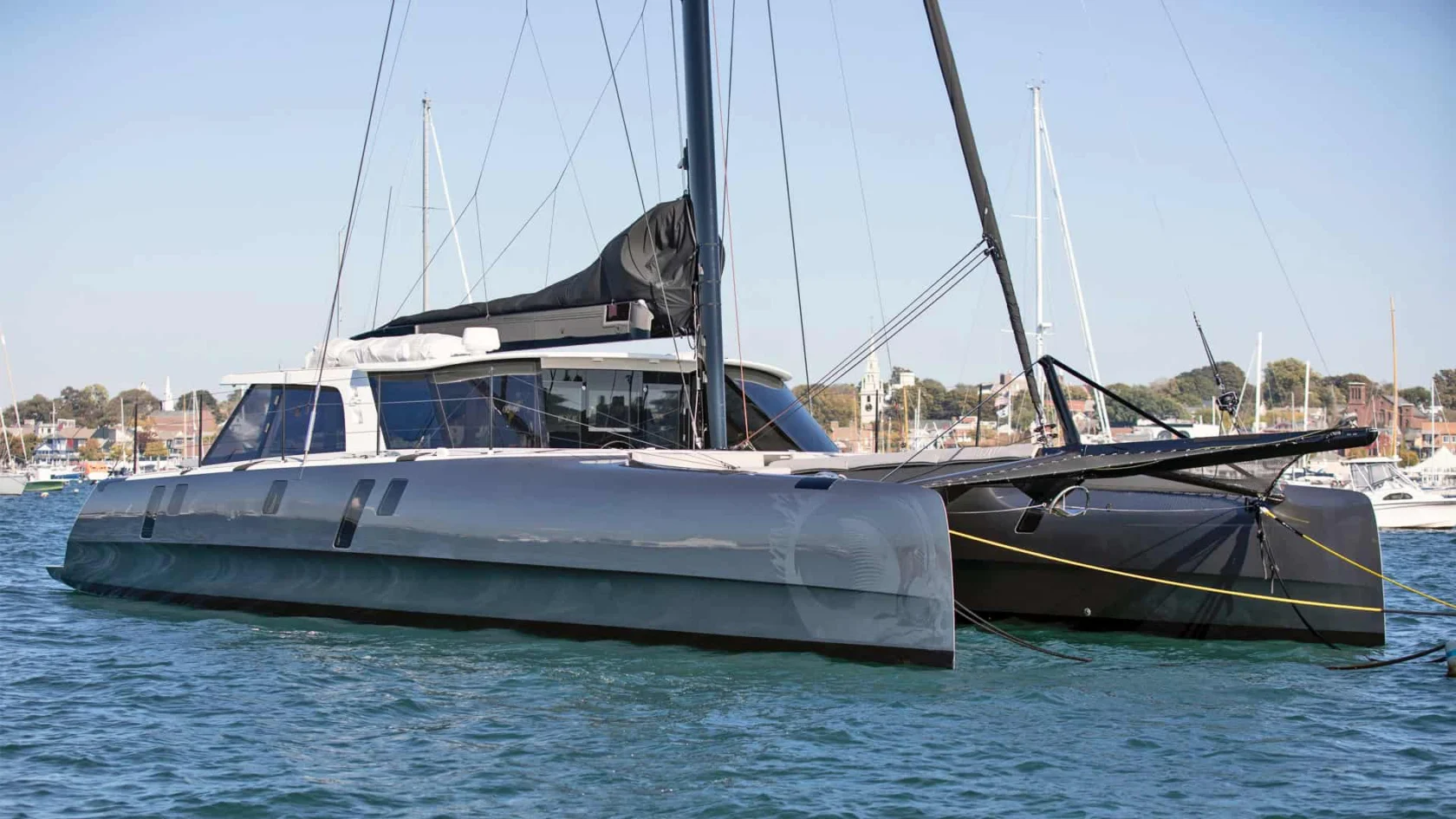 2014 gunboat 60 for sale, starboard view on the water.