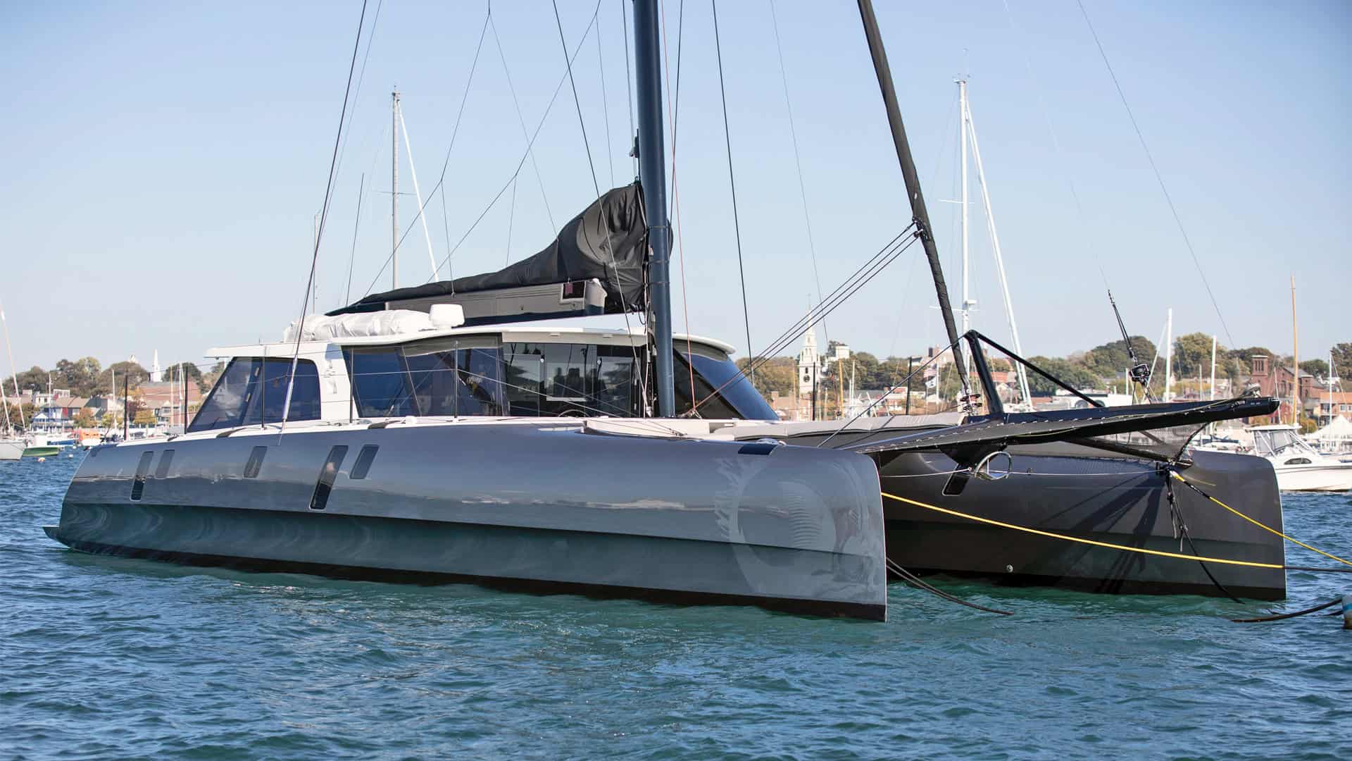 2014 gunboat 60 for sale, starboard view on the water.