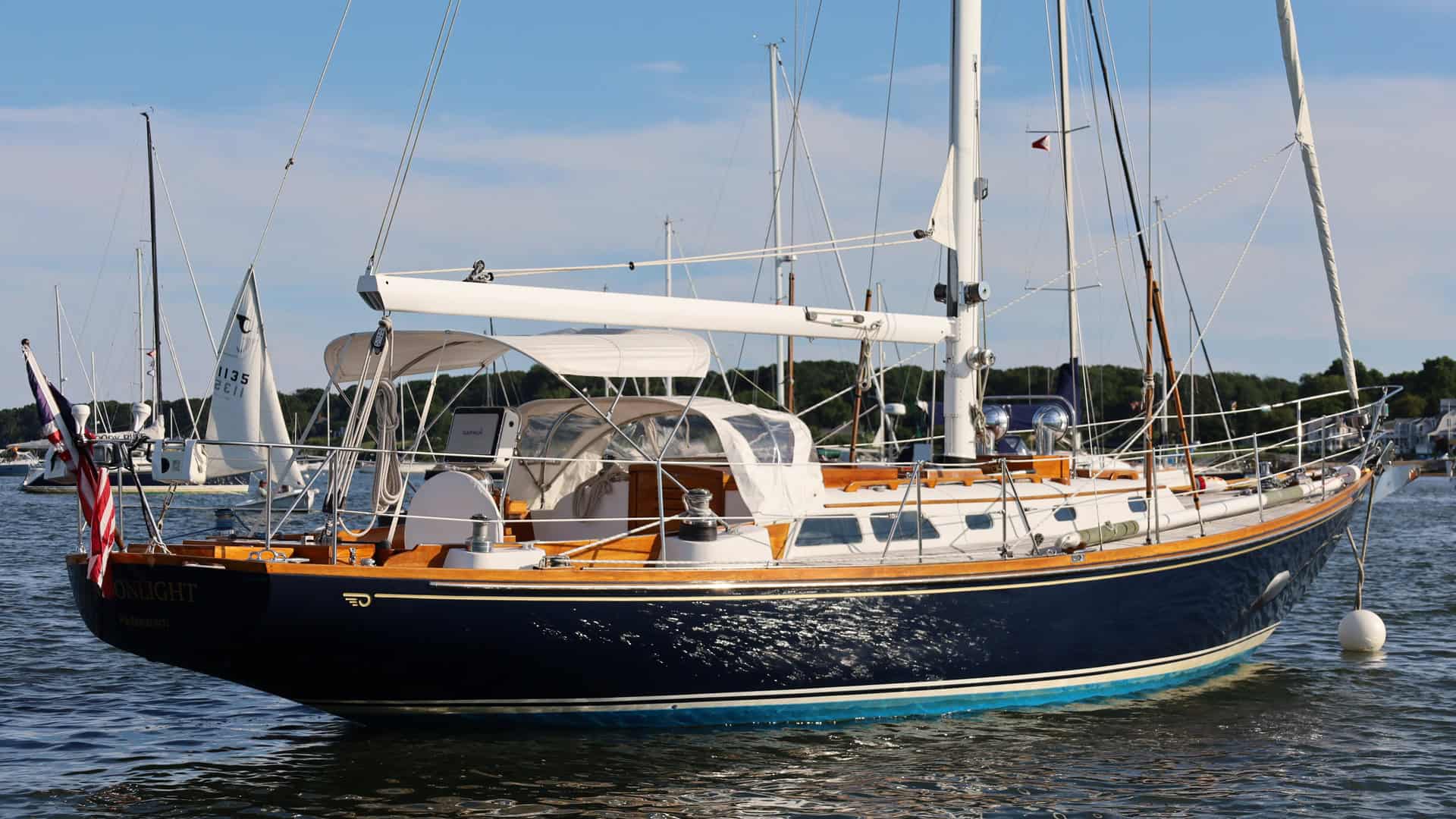 Image of MOONLIGHT, 1980 Hinckley Bermuda 40 MKII, view of starboard beam in the water.