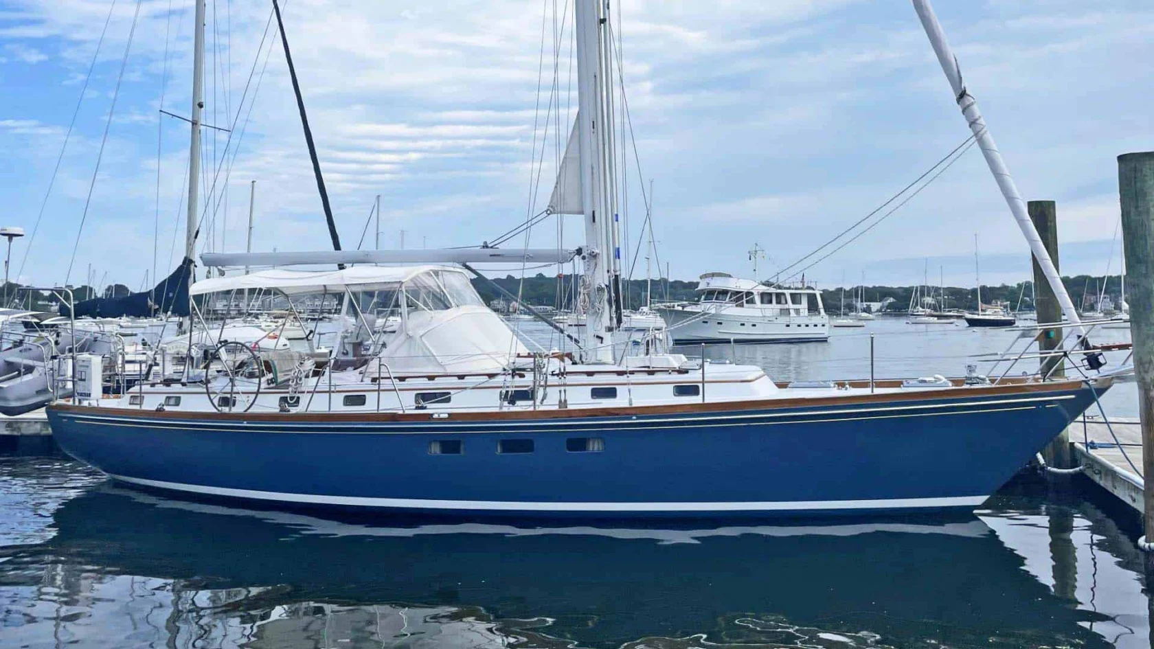 1990 Little Harbor 46 for sale, view of starboard profile in the water.