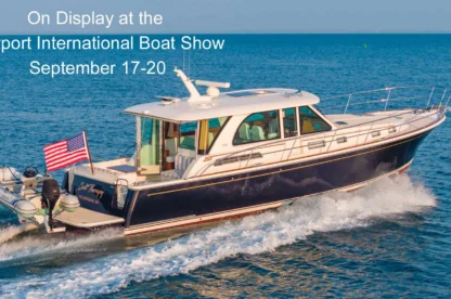 Sabre 45 Salon Express Salt Therapy cruising on the water with boat show message.