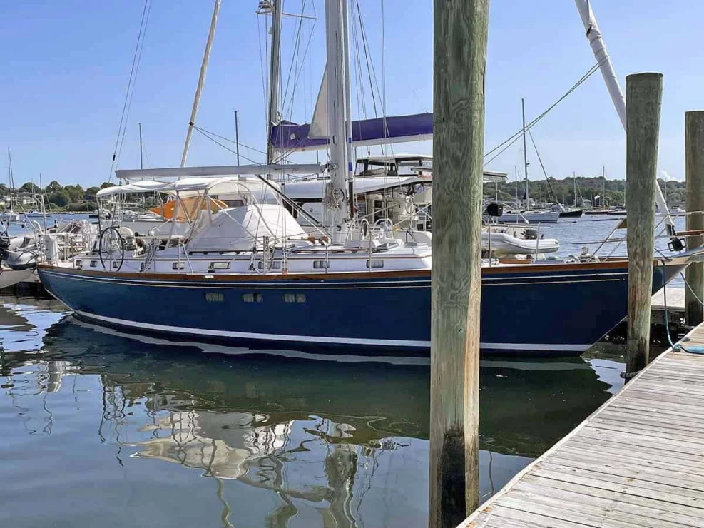 1990 Little Harbor 46 for sale, showing image of starboard beam at dock.