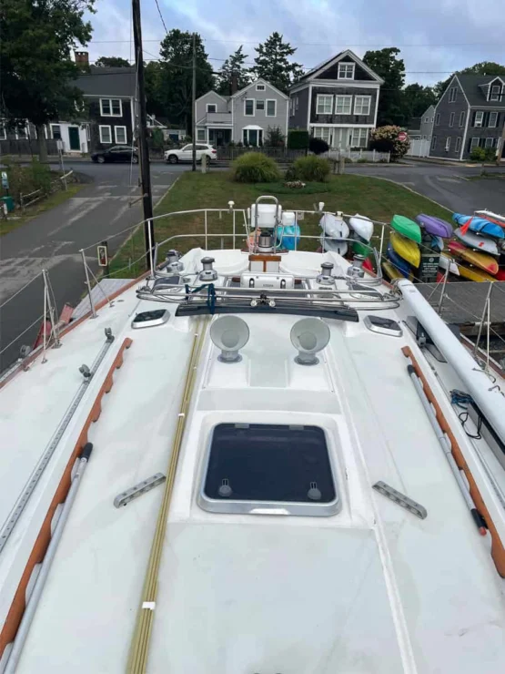 2002 Sabre 402, foredeck looking aft, on the hard.