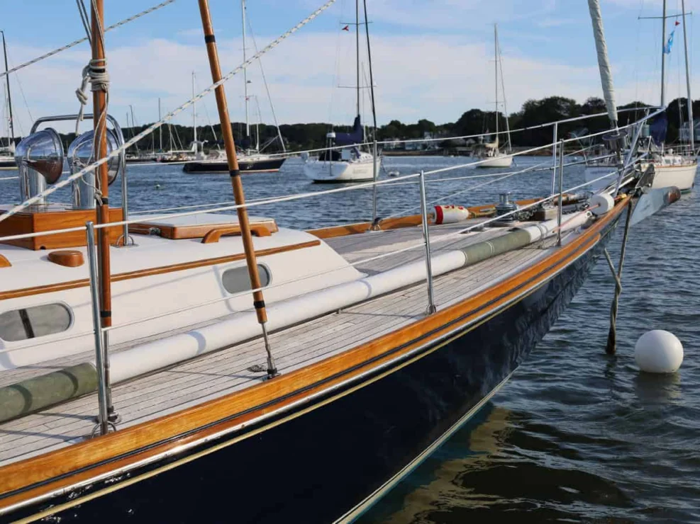 Image of MOONLIGHT, 1980 Hinckley Bermuda 40 MKII, looking forward to teak foredeck.