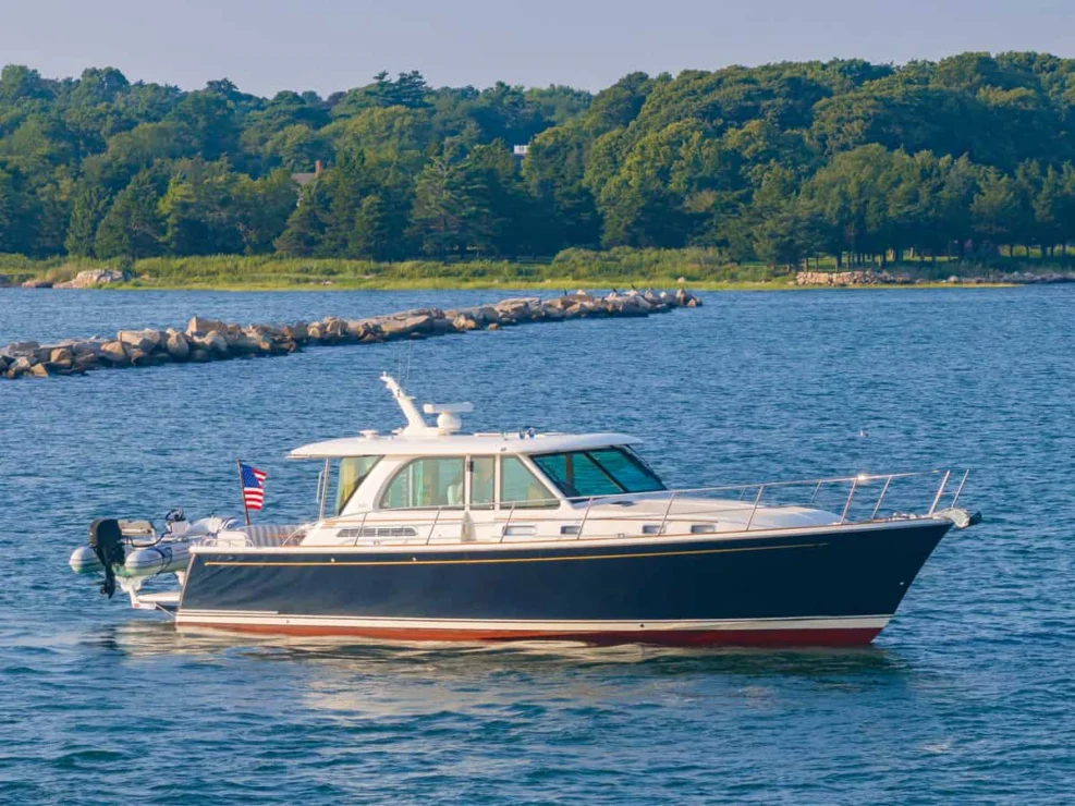 Sabre 45, Salt Therapy, starboard beam passing breakwater.