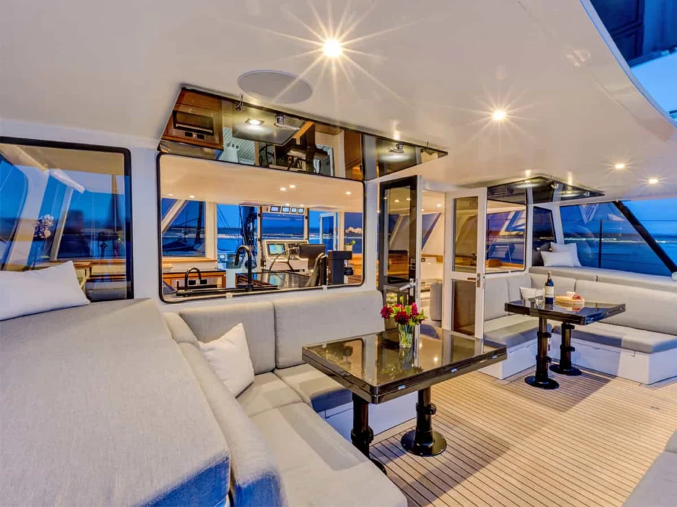 2014 Gunboat 60 for sale - aft cockpit looking forward.
