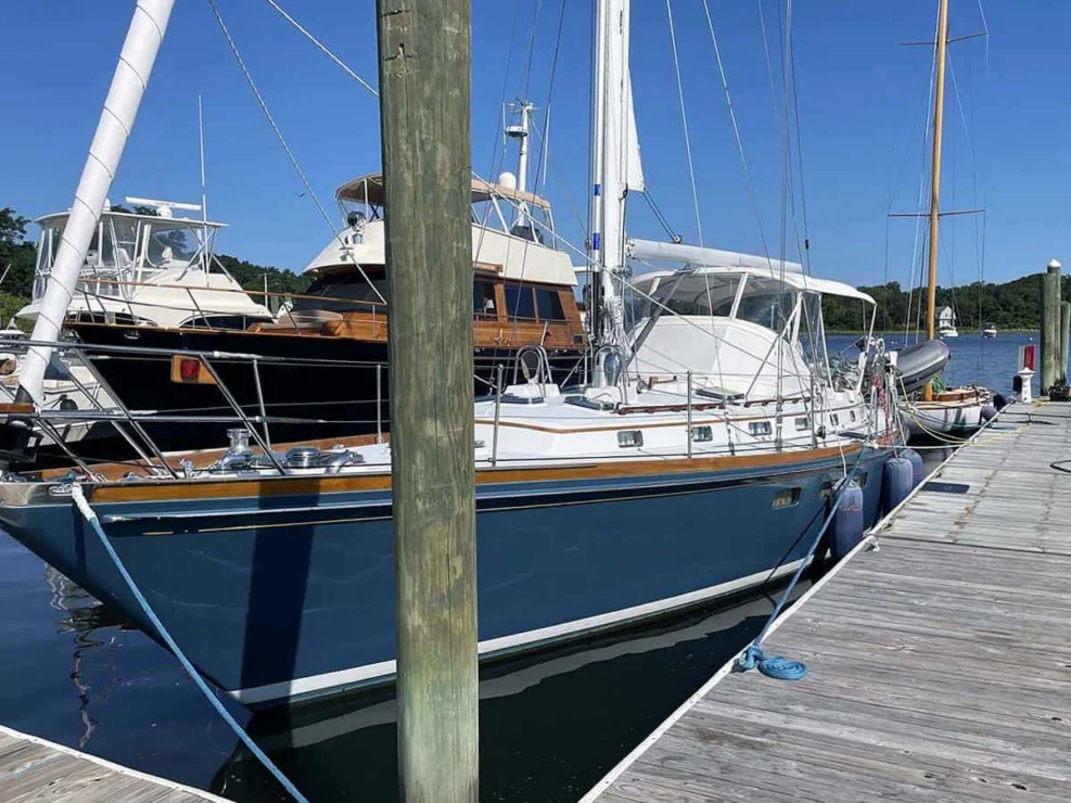 1990 Little Harbor 46 for sale, showing image of port bow at dock.