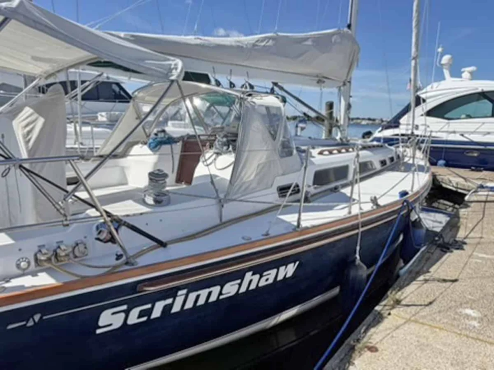 2002 Sabre 402, starboard aft quarter, at the dock.