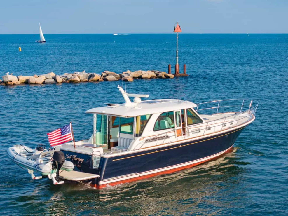 Sabre 45, Salt Therapy, aft Starboard quarter in water.