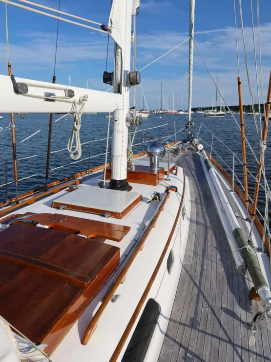 Image of MOONLIGHT, 1980 Hinckley Bermuda 40 MKII, looking to foredeck from cabin trunk.