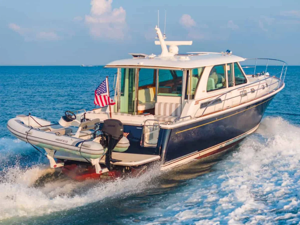 Sabre 45, Salt Therapy, underway, from aft Starboard quarter.