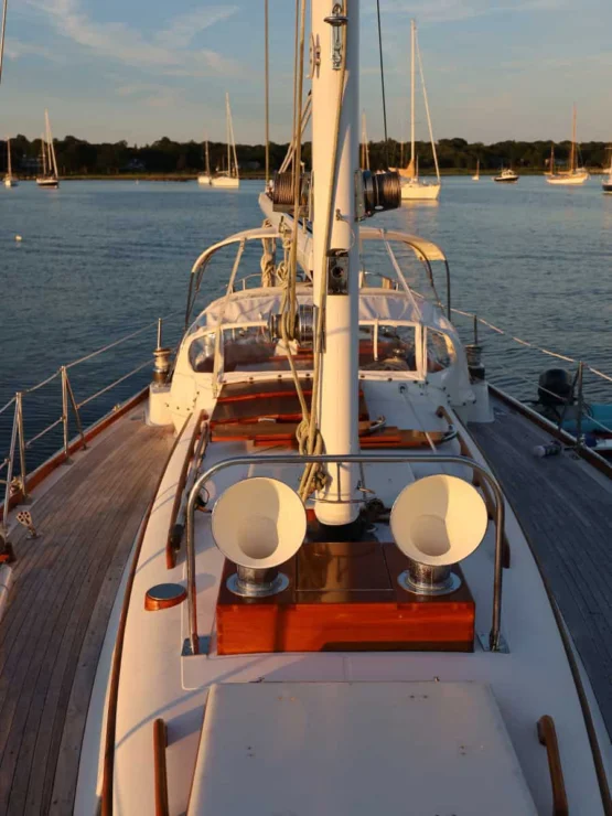 Image of MOONLIGHT, 1980 Hinckley Bermuda 40 MKII, looking aft on deck to dorade ventilation.