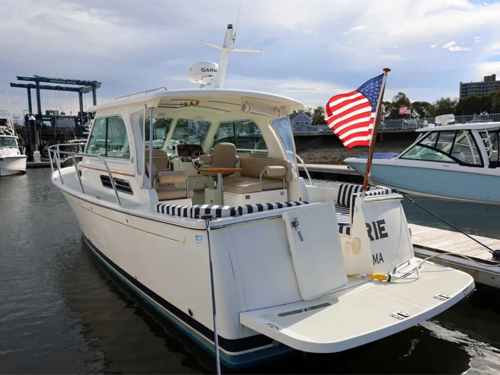 Image of 2016 Back Cove 30 REVERIE with view of transom, swim platform and cockpit access.