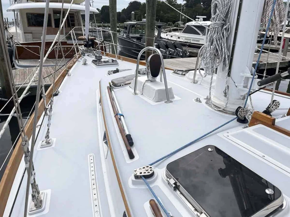 1990 Little Harbor 46 for sale, showing image of foredeck looking forward to bow.