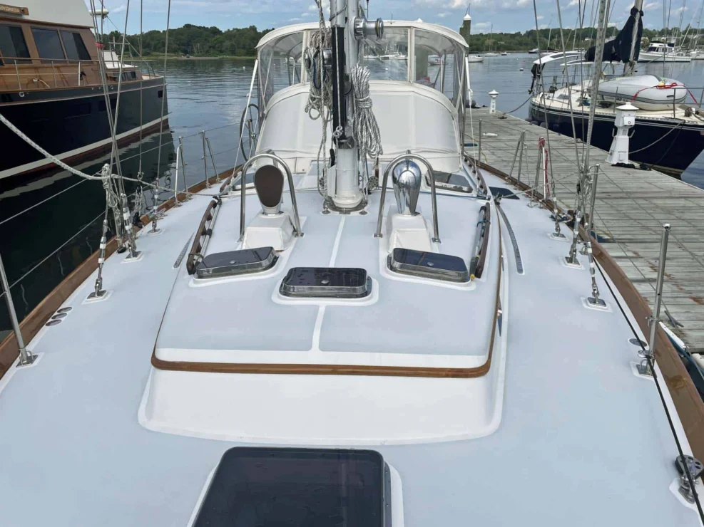1990 Little Harbor 46 for sale, showing image of foredeck looking aft to cabin trunk.