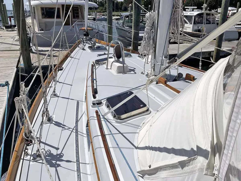 1990 Little Harbor 46 for sale, showing image of view looking forward with mast base.