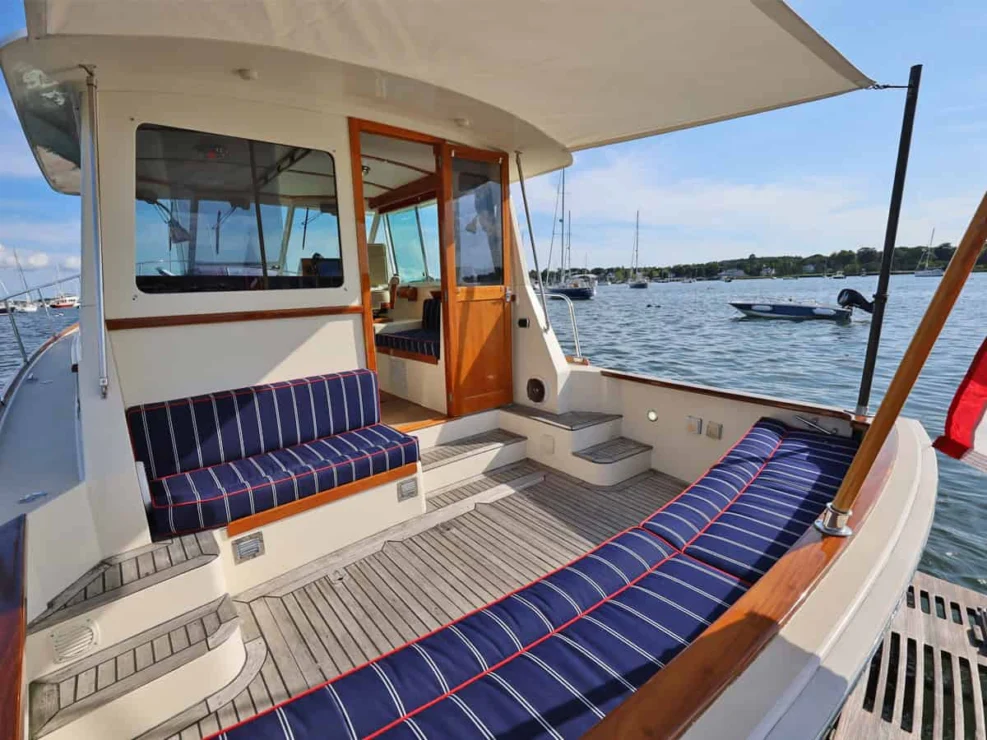 Image of Bruckmann Bluestar 37 REPETE, view of cockpit with awning looking forward.
