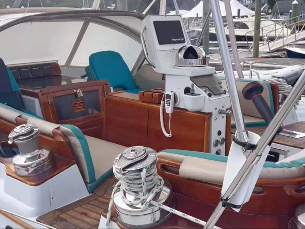 1990 Little Harbor 46 for sale, showing image of cockpit and helm.