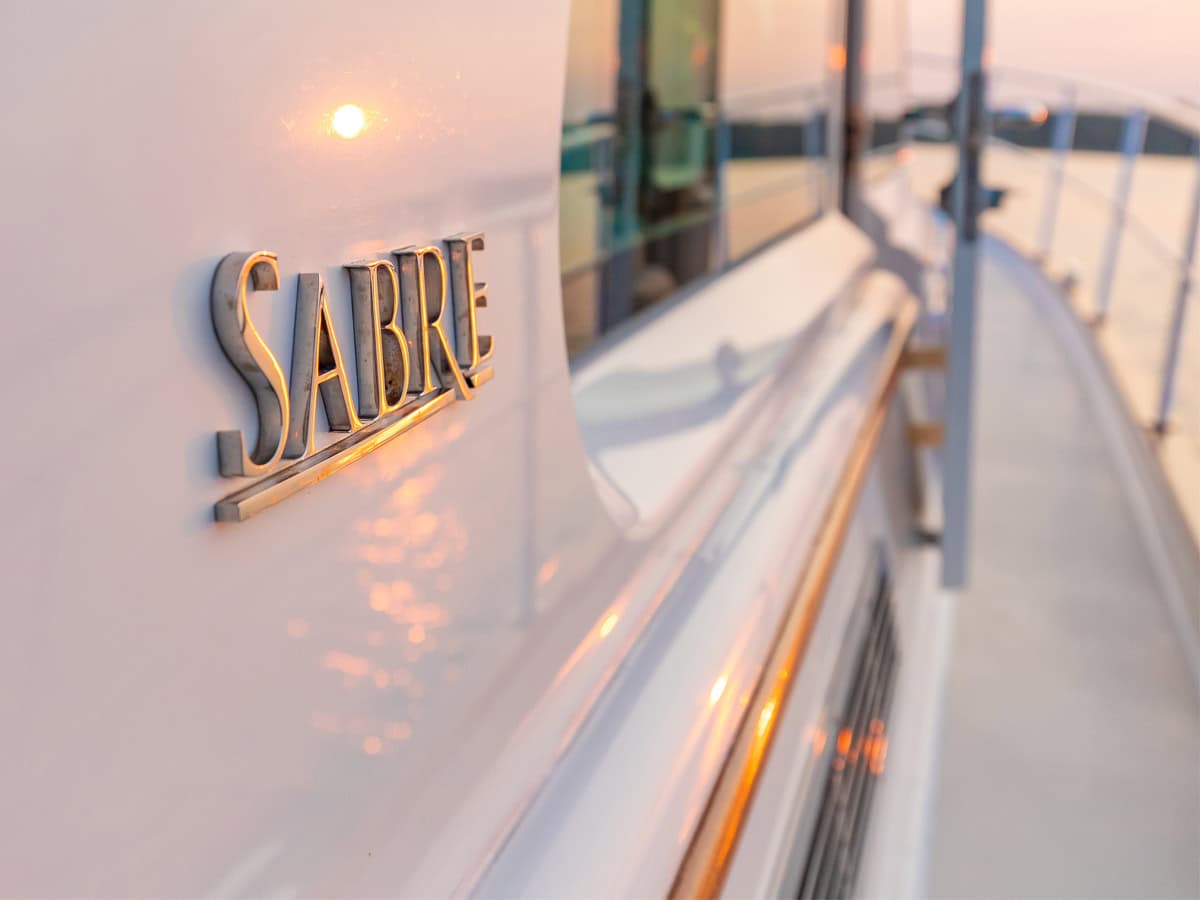 Sabre 45, Salt Therapy, view of starboard side deck with Sabre logo.