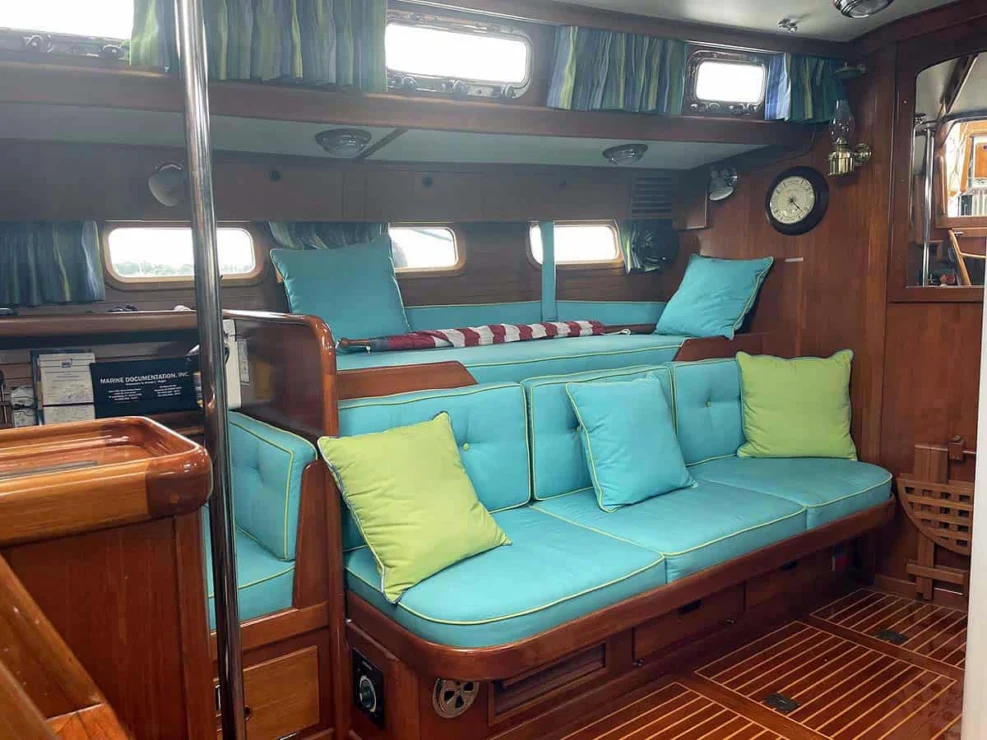 1990 Little Harbor 46 for sale, showing image of the port salon settee.