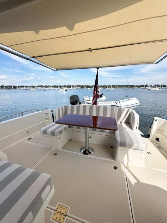 Sabre 45, Salt Therapy, view of cockpit looking aft under awning.