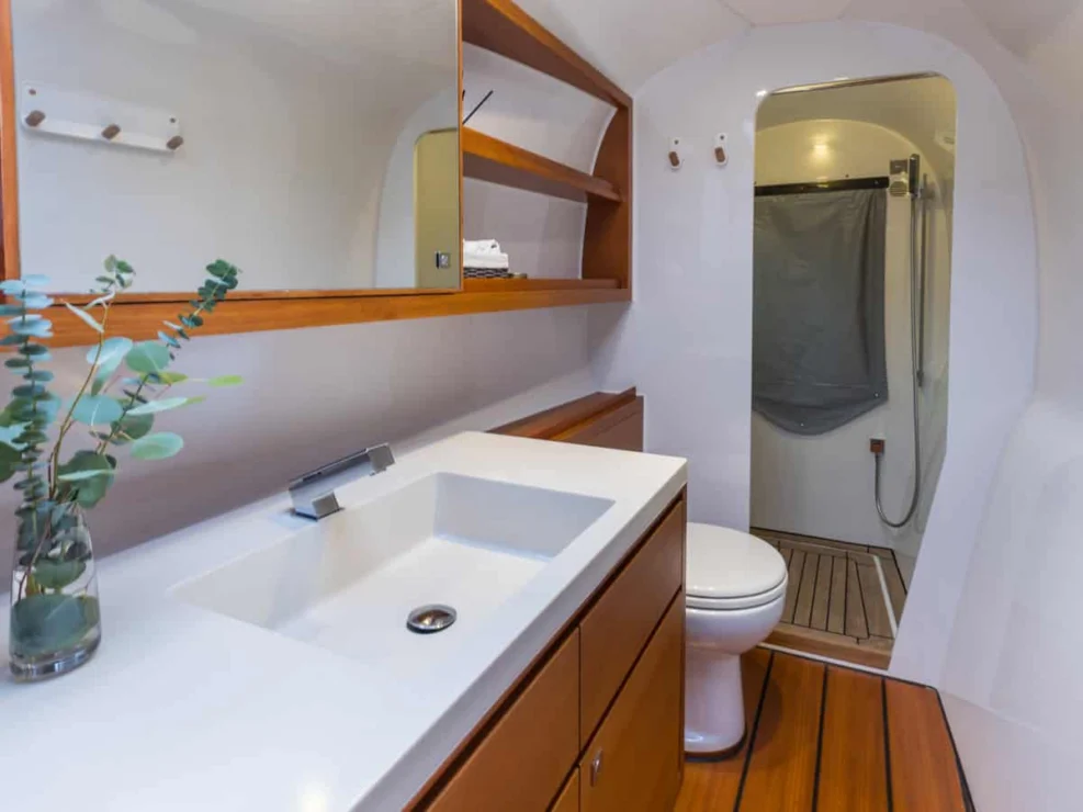 Gunboat 60, owner's head looking forward.