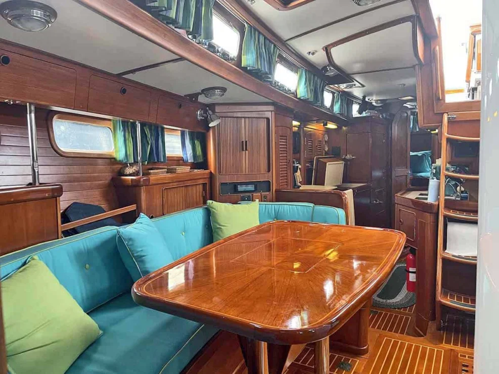 1990 Little Harbor 46 for sale, showing image of the starboard salon looking aft to galley.