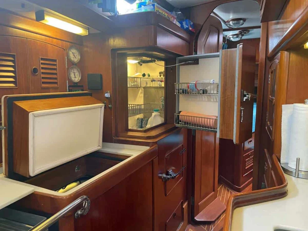 1990 Little Harbor 46 for sale, showing image of the galley fridge and freezer spaces.