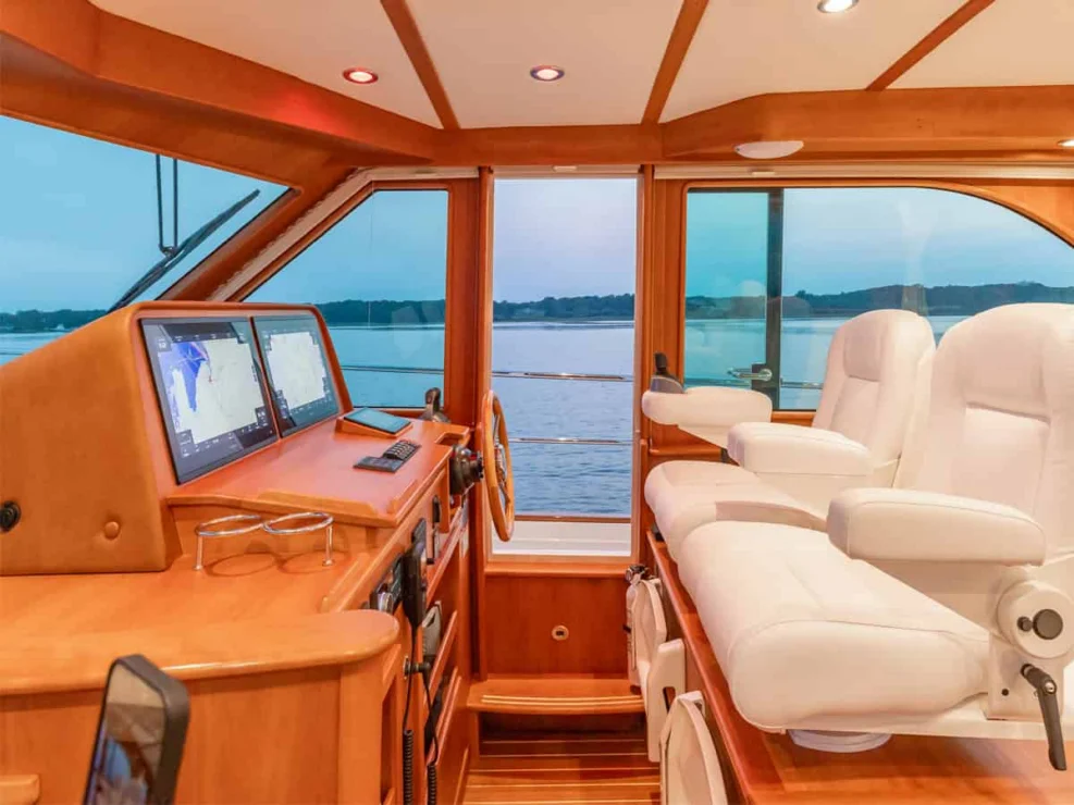 Sabre 45, Salt Therapy, view of helm seats and helm access door.