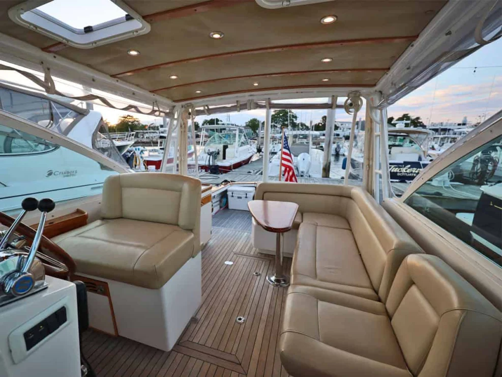 2003 Hunt Yachts Harrier 36, bridgedeck looking aft.