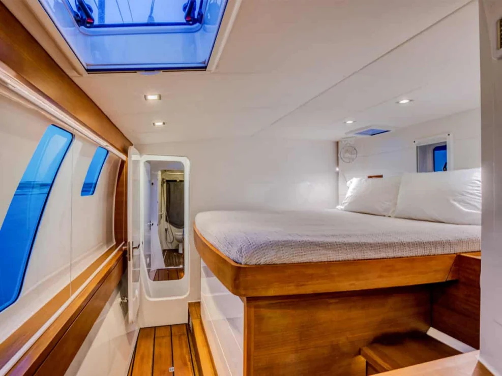 2014 Gunboat 60 for sale - side view of guest cabin.