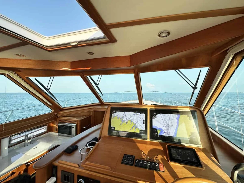 Sabre 45, Salt Therapy, view out windshield, forward salon.