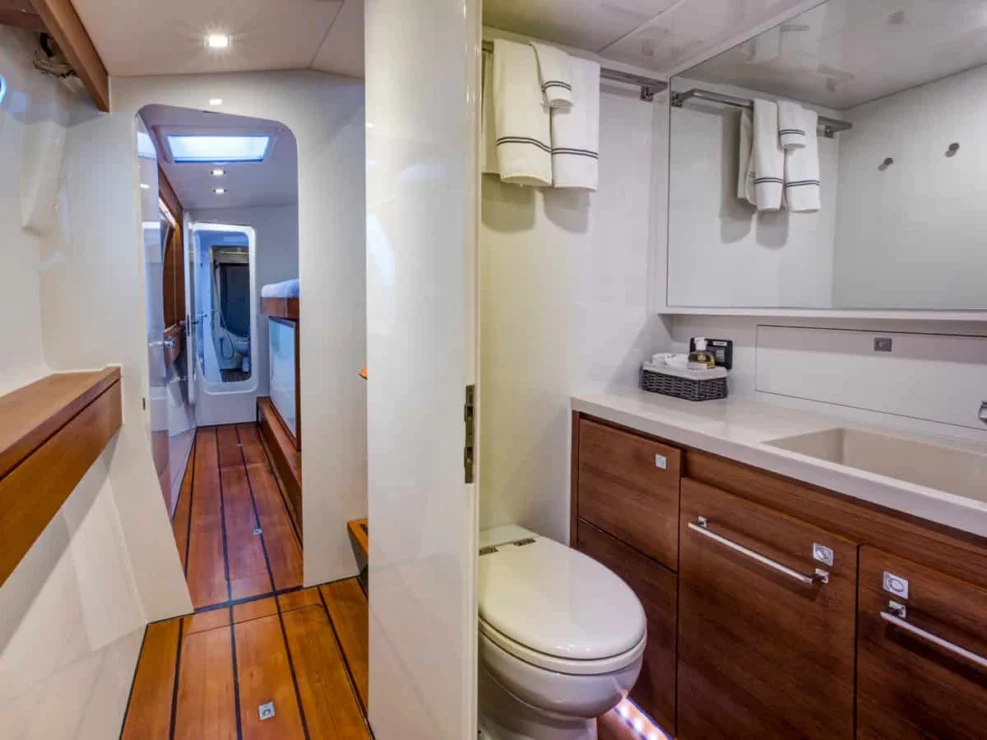 Gunboat 60 for sale, guest head and passageway.