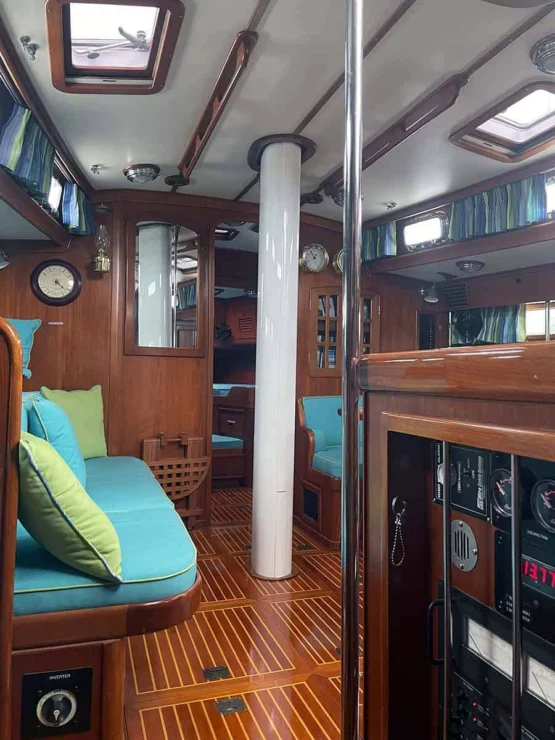 1990 Little Harbor 46 for sale, showing image of the port salon across from nav station, looking forward.