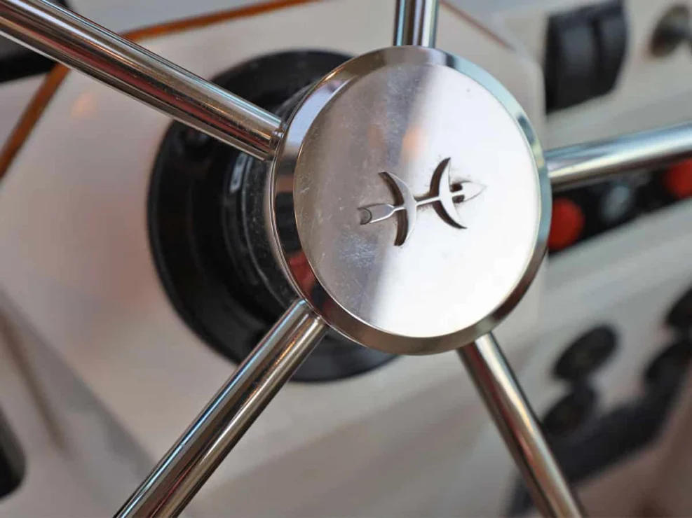 2003 Hunt Yachts Harrier 36, steering wheel detail.