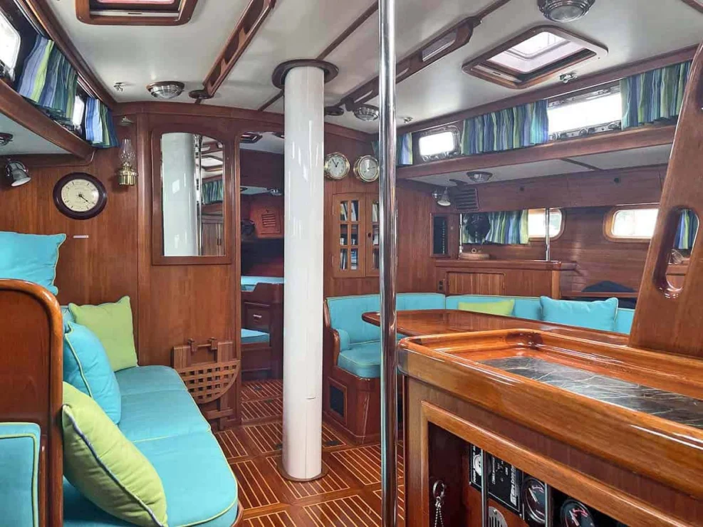 1990 Little Harbor 46 for sale, showing image of the port salon looking forward to the forward cabin.