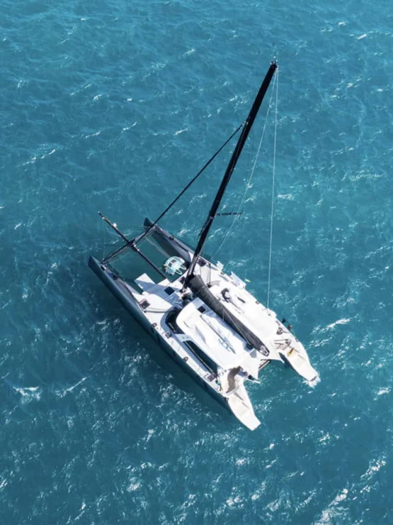 2014 Gunboat 60 for sale - view from overhead at anchor.