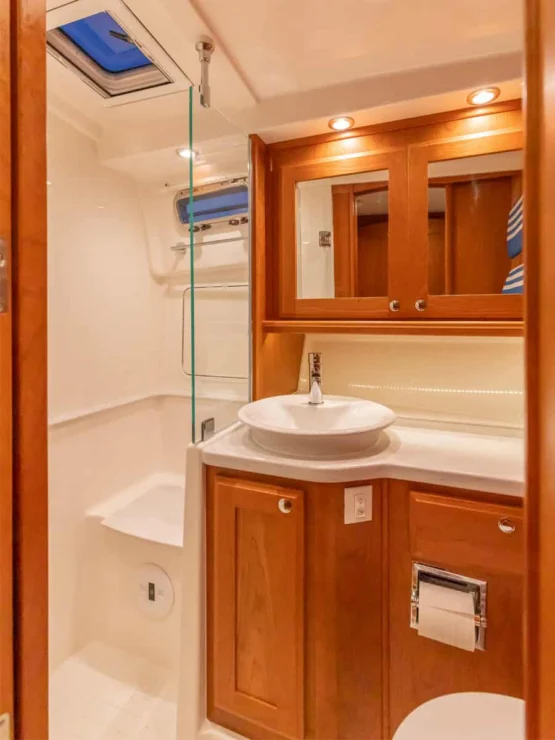 Sabre 45, Salt Therapy, view of master ensuite head and shower.