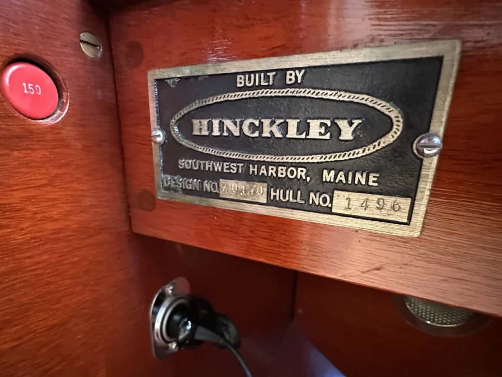 Image of MOONLIGHT, 1980 Hinckley Bermuda 40 MKII, view of Hinckley builder's plaque.