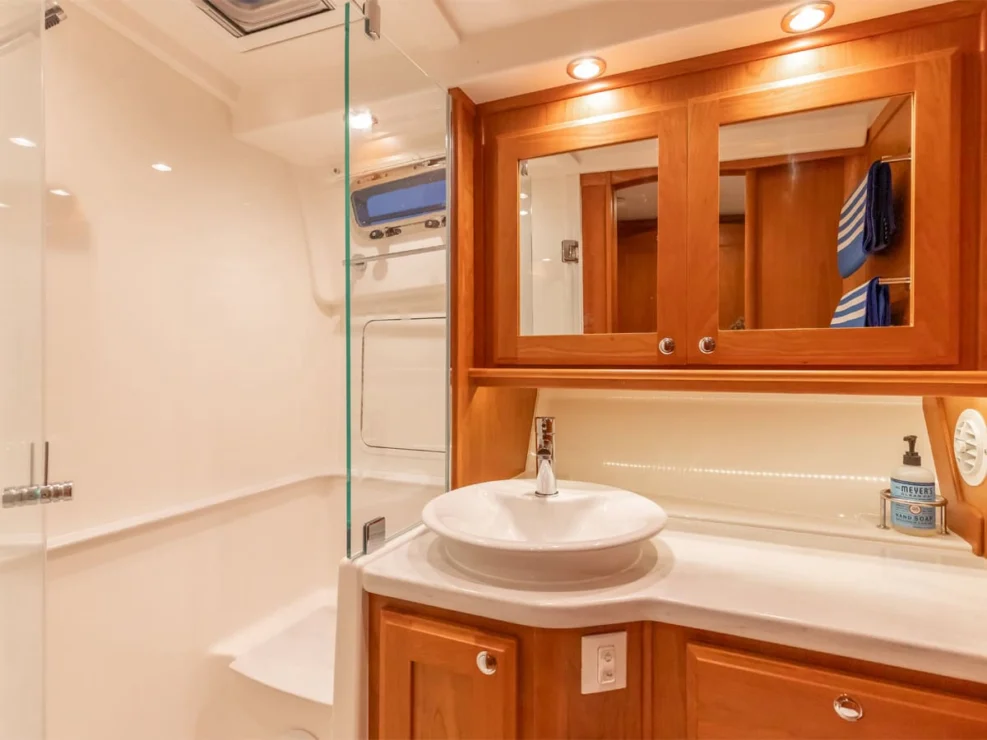 Sabre 45, Salt Therapy, Master ensuite head and shower detail.