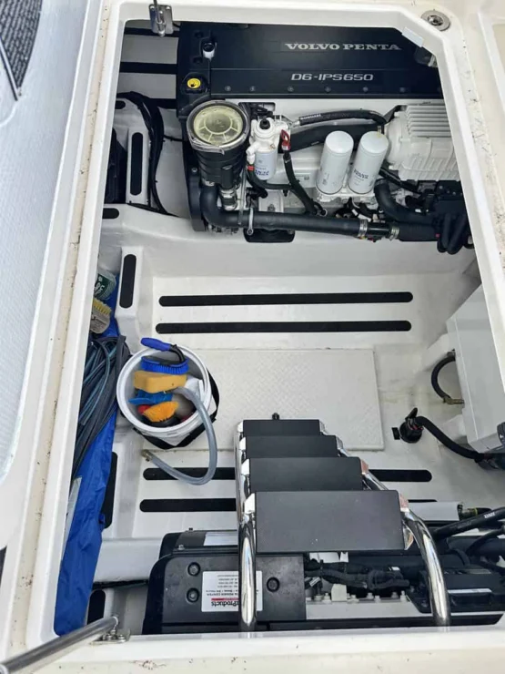 Sabre 45, Salt Therapy, view down hatch to engine room.