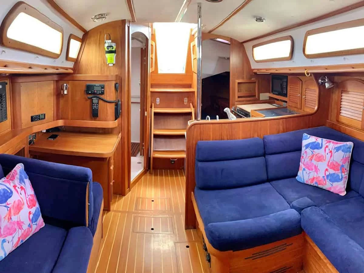 Sabre sailing yacht, view of interior handcrafted American cherry joinery, fine teak-and-holly cabin soles.