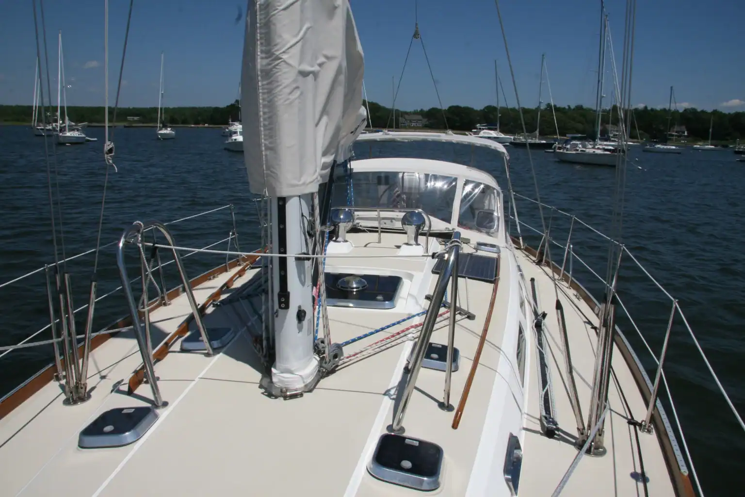 Sabre 452, sailing yacht, view of deck from the bow looking aft.